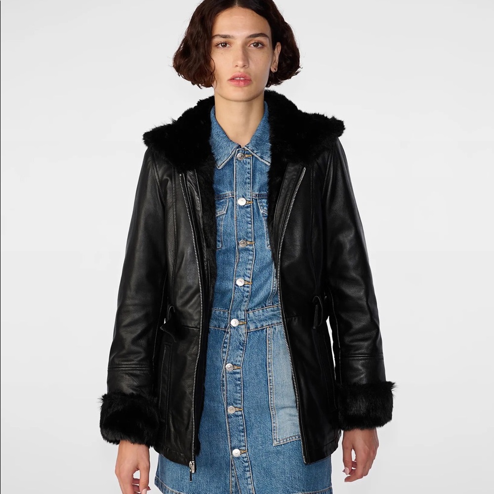 Vintage Pelle Studio Leather Sherling Waist Tie Jacket Coat